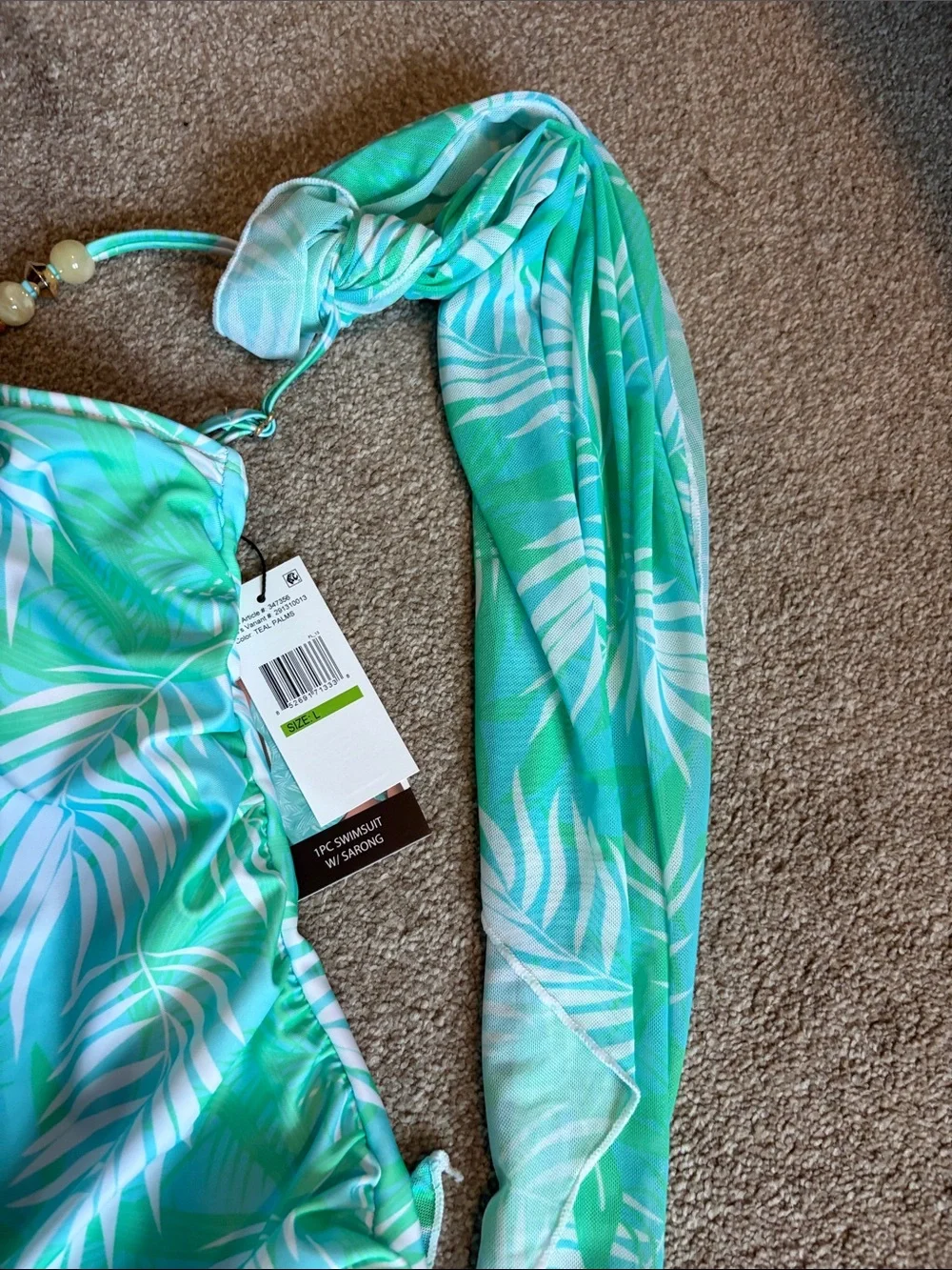 Nicole Miller Mint Green Tropical Leaf One-Piece Swimsuit with sarong size large